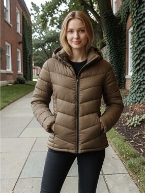 DKNY Brown Hooded Puffer Jacket